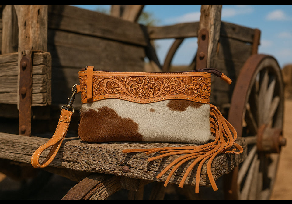 Cowhide handbag with intricate leatherwork on a wooden cart